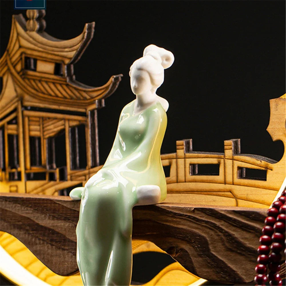 Wooden Backflow Incense Burner with Led Light USB Circle Ceramic Lotus Buddha Beads Home Office Decoration Furnishing