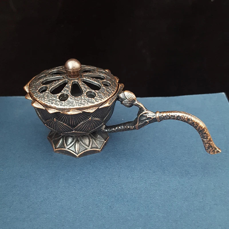 Lotus Flower Incense Burner With Handle Retro Copper Lotus Hollow Out Incense Stick Burner Brass Small Metal Craft Home Decor