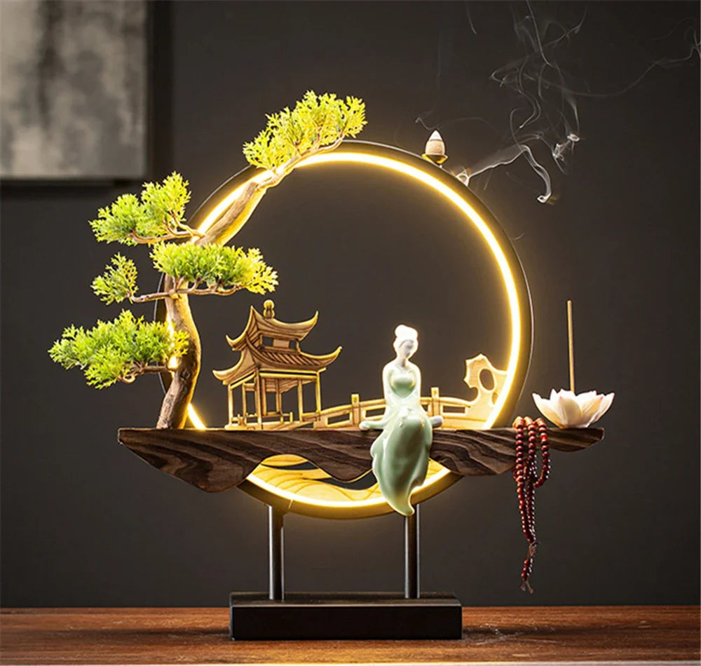 Wooden Backflow Incense Burner with Led Light USB Circle Ceramic Lotus Buddha Beads Home Office Decoration Furnishing