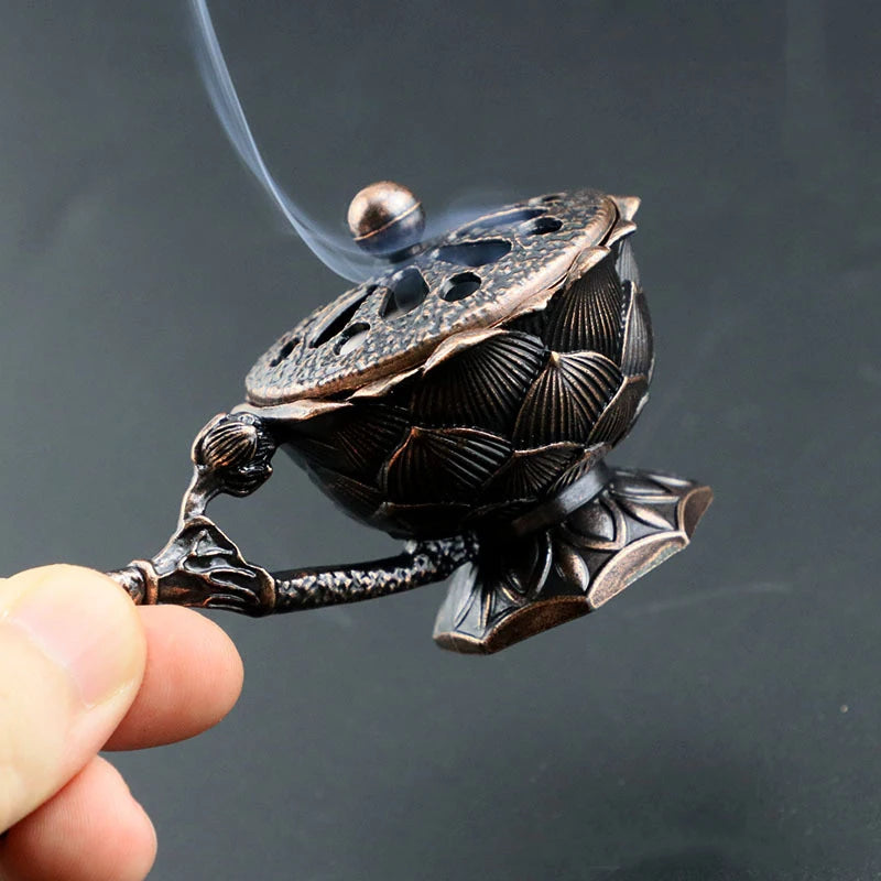 Lotus Flower Incense Burner With Handle Retro Copper Lotus Hollow Out Incense Stick Burner Brass Small Metal Craft Home Decor
