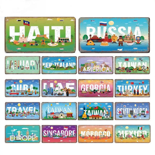 Vintage Country Landscape Culture Car License Metal Tin Signs America Mexico Cuba Metal Plate Retro Garage Man Cave Wall Decor