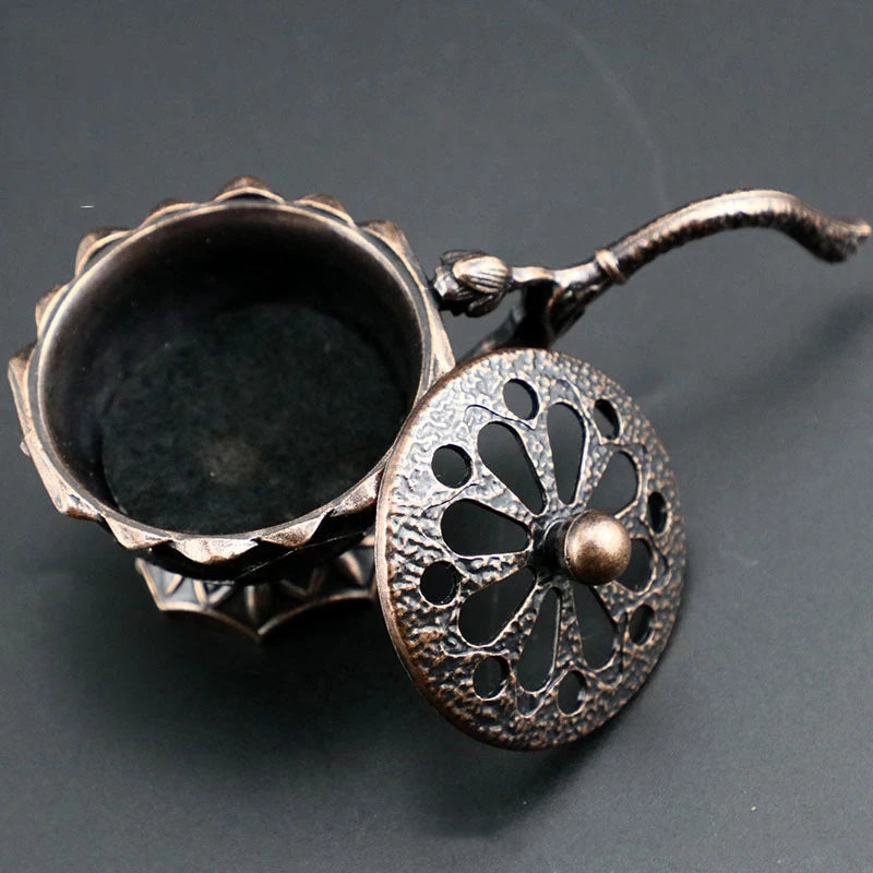 Lotus Flower Incense Burner With Handle Retro Copper Lotus Hollow Out Incense Stick Burner Brass Small Metal Craft Home Decor