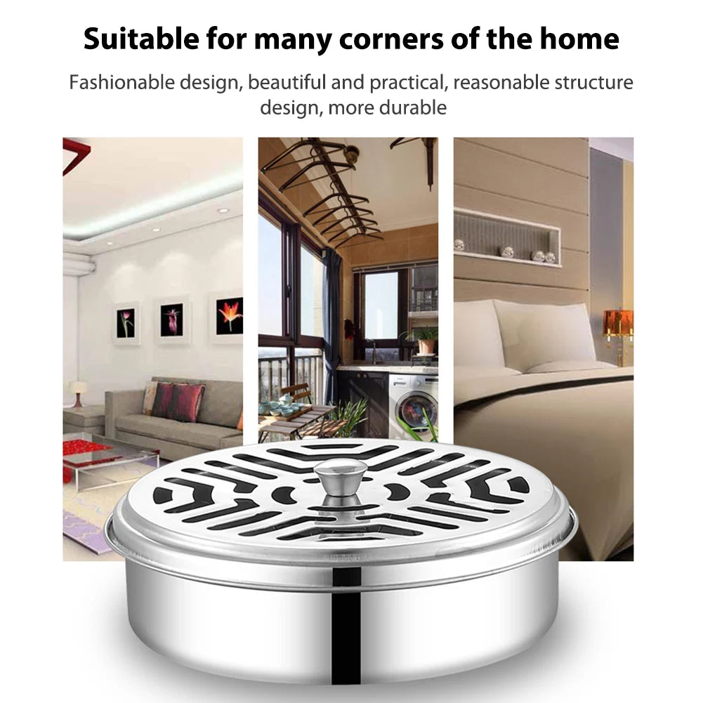 Stainless Steel Mosquito Coil Tray With Cover Large Portable Mosquito Coil Holder Box Anti-Mosquito Spiral Incense Coil Burner