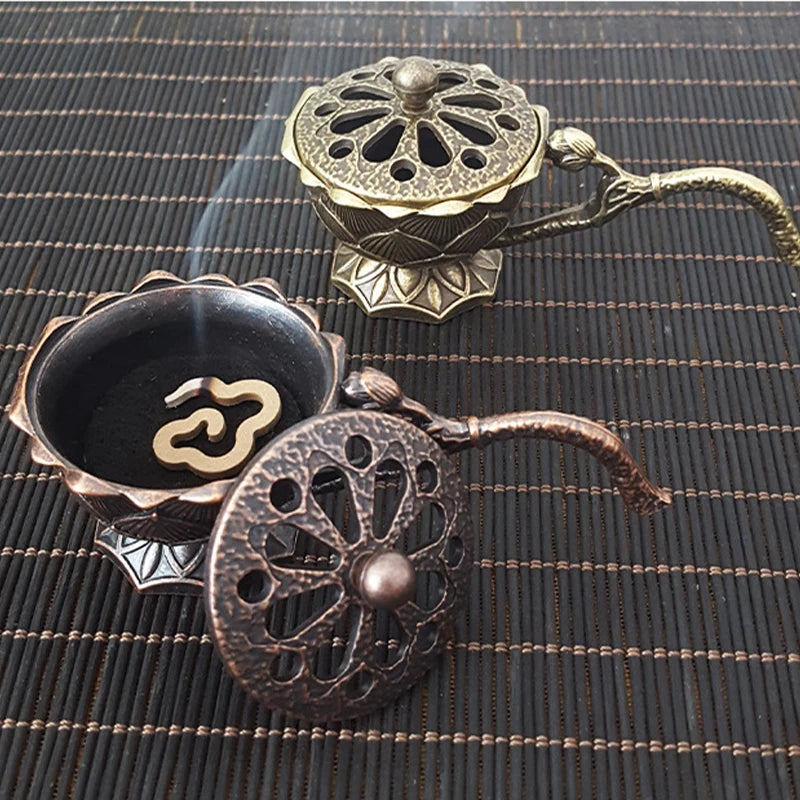 Lotus Flower Incense Burner With Handle Retro Copper Lotus Hollow Out Incense Stick Burner Brass Small Metal Craft Home Decor